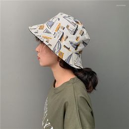 Boinas Hat unisex Sunshade Bucket Fashion Sailboat/Banana/piña impresa pescador masculino doble cuenca plegable doble