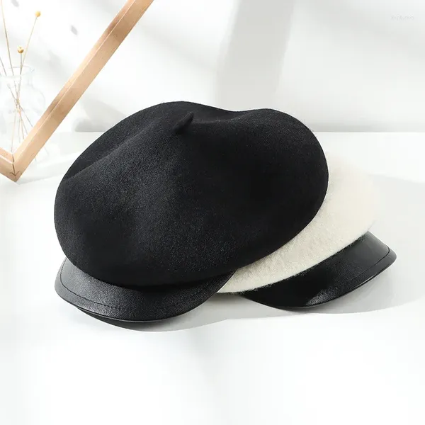 Boinas Sombrero Retro para mujer, gorra con visera de alta sociedad, Color bloqueado, ala de cuero, lana octogonal, boina británica que combina con todo