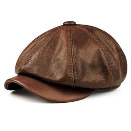 Berets hoeden mannen 2022 Winter 100% echt lederen warme pet mannelijke baret schilder boina cowhide achthoekige casquette hoge kwaliteit streetwearberets