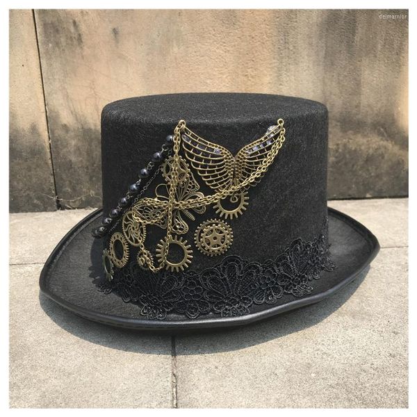 Bérets Haut de gamme Steampunk Top Hat avec engrenage en métal pour hommes femmes Magic Bowler Party Taille 57CM