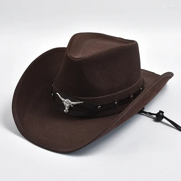 Boinas de cuero de alta calidad Sombrero de vaquero occidental moda cabeza de toro decoración Caballero señora vaquera Jazz gorras Sombrero Hombre