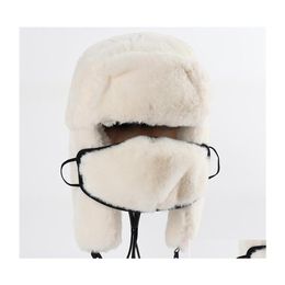 Beretten Hoge kwaliteit USHanka 2022 Thermo Winter Faux Fur Hat Women Bomber Hats Warm Pink Ski Earflaps Mask Sovjet Russische sneeuwkap Dr. Dhnpm