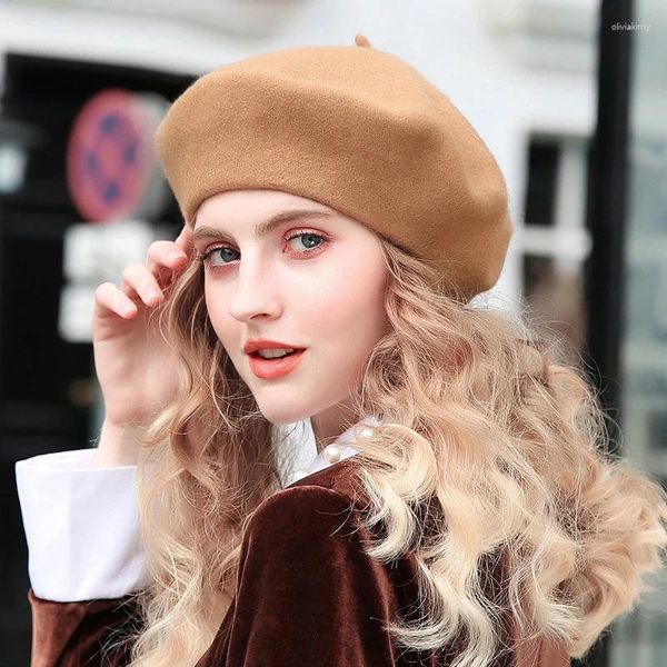 Boinas Sombreros de boina de lana de alta calidad Mujer Invierno Sombrero francés Niñas Sólido Otoño para mujeres Gorra plana Fieltro