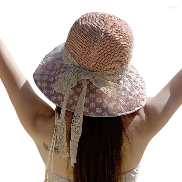 Bérets Holiday Bucket Bucket Femme Lovely Flower Yarn Brims Hand Tising Sunproof Adult Spring Beach
