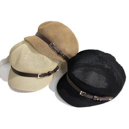 Boinas con pajitas de papel caladas, sombreros octogonales para mujer, cinturón de playa de verano, sombrero para el sol, gorra transpirable Sboy para mujer, boinas ajustables