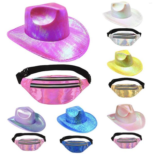 Bérets Holographique Rose Espace Cowgirl Chapeau Sparkly Cowboy Sac Glitter Ensemble Halloween Cow Girl Fun Rodeo Party Chapeaux Costume Accessoire