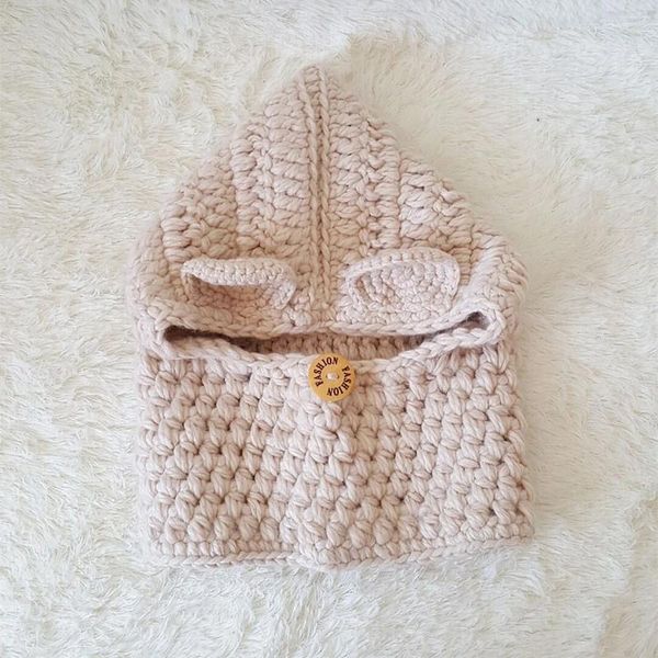 Boinas Bufanda con capucha Sombrero Gorros de oso hechos a mano Calentador de cuello Abrigo Gorro de punto de lana Bufandas para niños (Beige)