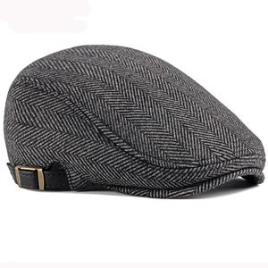 Baretten HT2888 Baretten Heren Hoge Kwaliteit Herfst Winter Wollen Hoed Gestreepte Ivy Sboy Platte Pet Kunstenaar Schilder Hoed Mannelijke Verstelbare Baret Cap 231012