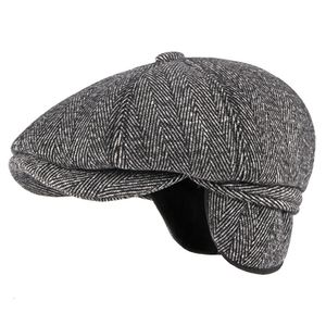 Bérets HT3336 automne hiver casquette chapeau épais chaud hommes mâle Vintage laine papa grand-père lierre octogonal sboy plat 230509