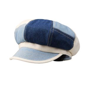 Berets Idopy Washed Denim Newsboy Cap 8 Panneau Baker Boy Striped Travel Photography Hat Cabbie Colie JEAN Painter Beret D240417