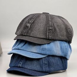 Baretten Idopy Washed Denim sboy Cap 8 Panel Baker Boy Vrije tijd Werk Reizen Pography Platte hoed Cabbie Driving Jean Painter Baret 230830