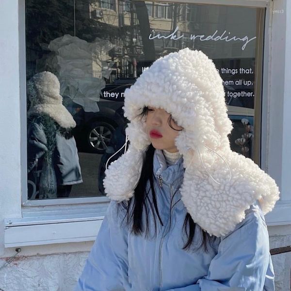 Bérets Imitation laine d'agneau surdimensionné chapeau de bombardier automne et hiver châle à capuche pour femmes coréen rétro mignon moelleux épais chaud écharpe