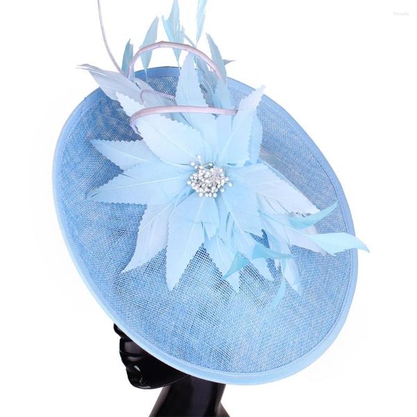 Bérets Imitation bleu clair fascinateur chapeau femmes élégant mariage événement casque fantaisie plume cheveux accessoires fête chapeaux