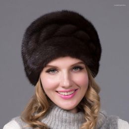 Beretten geïmporteerd Full Fur Mink Hat Dames Winter Authentieke pet Elegant modestijl Vrouwelijke warme oorbanden Dhy-65