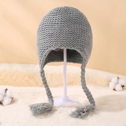 Bérets Bonnet tricoté en laine pour bébé, couleur unie, tricot tressé, chapeau chaud pour hommes, hiver avec lunettes, bas