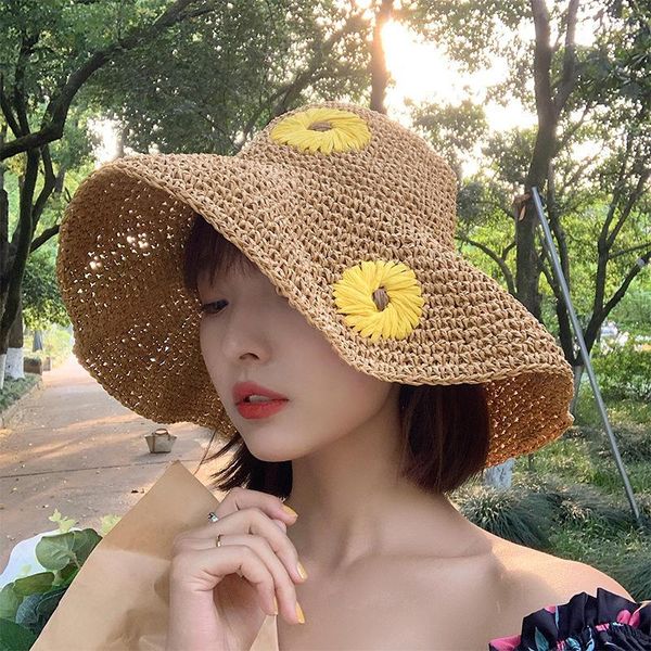 Bérets Ins Soleil Fleur Pastorale À La Main De Paille Crochet Chapeau Femme D'été Vacances Plage Net Rouge Version Coréenne En Plein Air Parasol