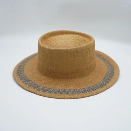 Boinas Japonés Azul Rayado Tejido Plano Sombrero Para Mujer Verano Sombrilla Playa Paja Vacaciones