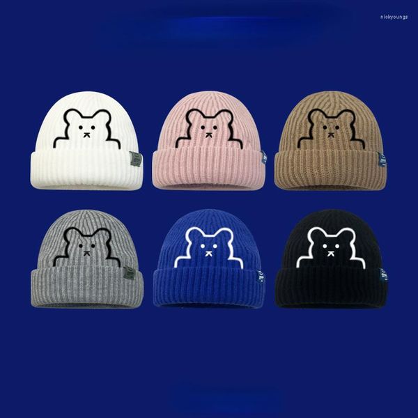 Boinas Japonés Lindo Oso Bordado Lana Gorro Sombrero Mujeres Otoño Invierno Versátil Cálido Azul Pareja Punto Jersey Frío