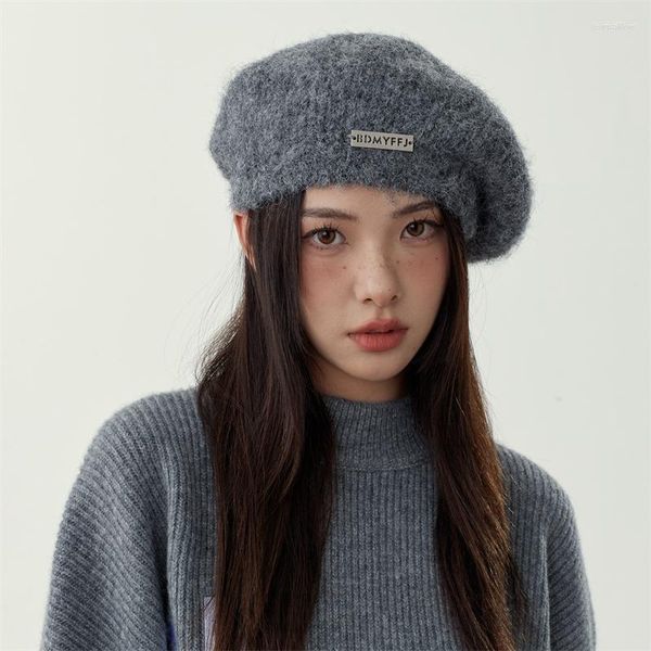 Bérets japonais moelleux Mohair tricoté femmes automne hiver mode élégant métal étiquetage peluche Art peintre chapeau chaud