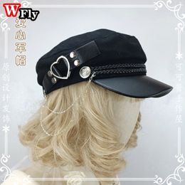 Berets japonais fait à la main gothique lolita béret militaire cape harajuku femme fille punk hip hop métal chaîne coeur chapeau béret décorer 230922