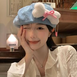 Boinas japonesas de felpa de hueso gorras de mezclilla para mujeres primavera y otoño versión coreana Bud pintor sombreros cabeza grande Retro octogonal sombrero