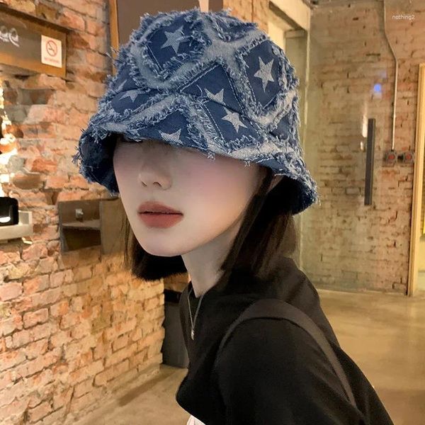 Boinas japonesas Raw Star Blue Denim Bucket Sombreros para mujeres y hombres Verano Otoño Nicho Diseño Sense Show Face Pequeñas gorras de lavabo