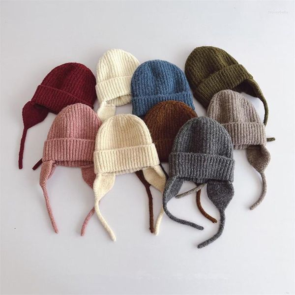 Boinas estilo japonés niños punto sombrero de oreja 2023 otoño/invierno retro cálido color sólido niños niñas 48-52 cm