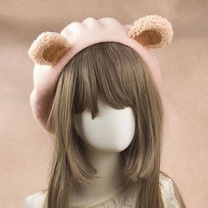Bérets Style japonais Lolita filles mignon ours oreille bonnets femmes décontracté béret chapeau peintre artiste casquette rose DecorBérets