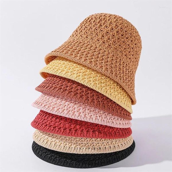 Bérets japonais été à la main crochet disquette chapeaux pour femmes évider tricot dôme seau chapeau large bord pliable casquettes de plage