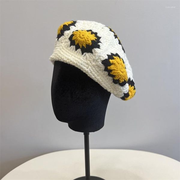 Bérets Japonais tournesol Jacquard main crochet laine béret femmes littérature et Art automne hiver chaleur Hyunya Style peintre chapeau