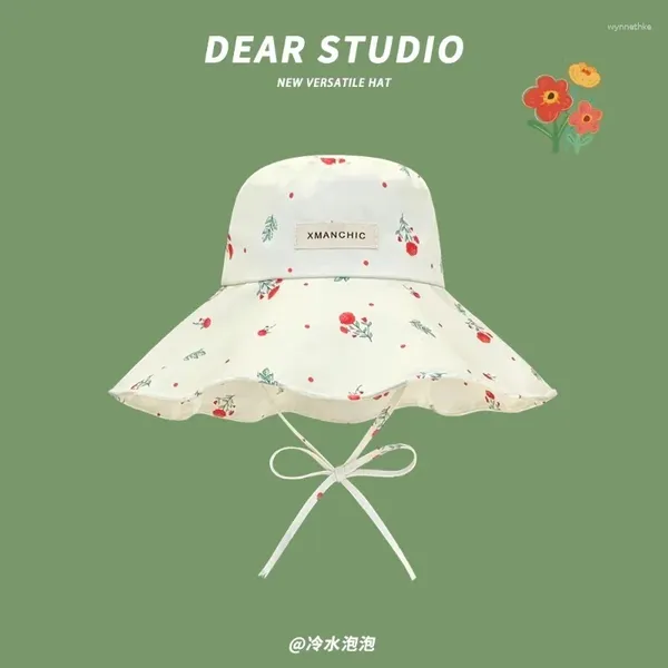 Berets japonais Sweet Print Lotus Leaf Edge Big Brim Bucket Hat Summer Travel Summer Sun Protection Show Face Small Women's Caps