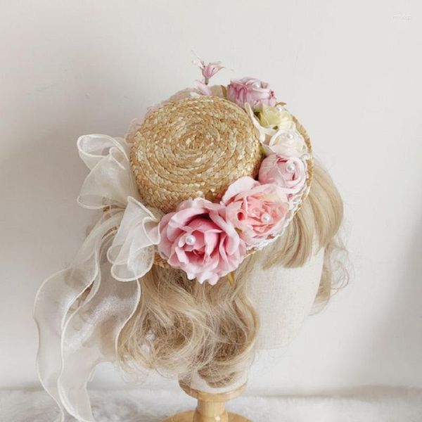 Bérets japonais doux femmes filles Lolita chapeau de paille Rose fleur thé bonnet casquette pince à cheveux Royal Anime Cosplay casque