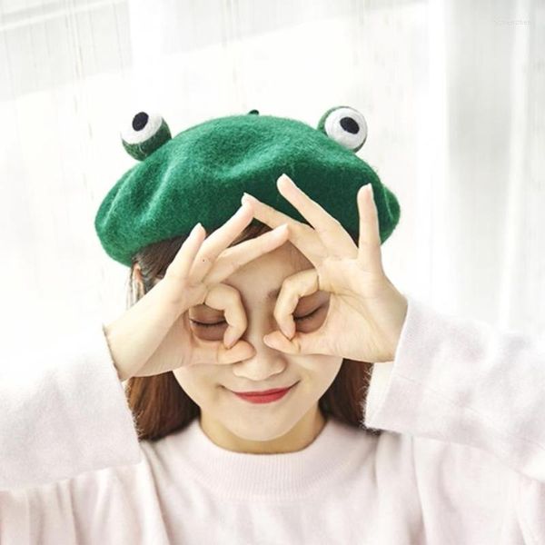 Bérets femmes japonaises mignon vert grenouille yeux béret casquette hiver chaud fausse laine Kawaii Vintage artiste peintre Cosplay bonnet chapeau