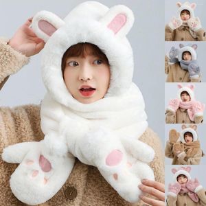 Bérets Kawaii oreilles chapeau mignon peluche garder au chaud hiver casquette gants chapeaux écharpes 3in1 laine pompons béret