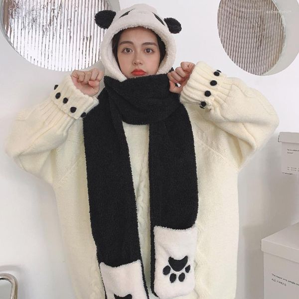 Bérets Kawaii Chaud Shu Velveteen Panda Bonnet Chapeau Gants Poche Longue Écharpe Châle Wraps