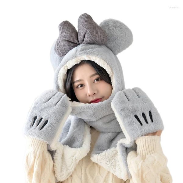 Bérets Kawaii hiver chaud épais doux chapeau écharpe gants pour femmes fille une pièce nœud papillon en peluche à capuche mignon Combo Famale