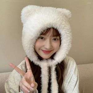 Bérets Kawaii femmes hiver mignon ours oreille avec boule épaissie chapeaux coréen chaud fourrure en peluche chapeau Bomber JK casquette Protection