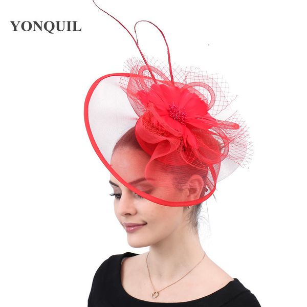 Bérets Kendrucky Rouge Grand Fascinator Chapeau Femmes Élégant Église Fête De Mariage Cocktail Chapeau Élégant Épingle À Cheveux Maille Cheveux Accessoires 230512