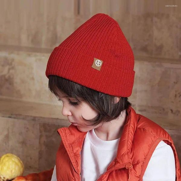 Berets crianças outono inverno tricô chapéu brimless cor sólida engrossado forro de lã gorro meninos meninas headwear