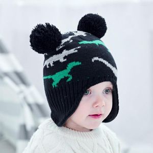 Berets Kids Baby Winter Hoed en handschoenen Set Gebreide Earlap Beanie Warm Cap Creatieve dinosaurus Gedrukte Wool Kinderhandschoenen