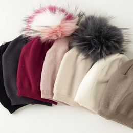 Berets Kids Katoen gebreide Beanie Hats Candy Solid Color Hat With Faur Fur Pompom Casual Bearies For Girls Boys Soft Warm Skullies Caps