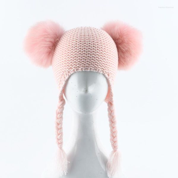 Bérets enfants véritable fourrure Pom chapeau bébé hiver crochet oreillette casquette filles garçons tricoté bonnet deux pompon pour les enfants