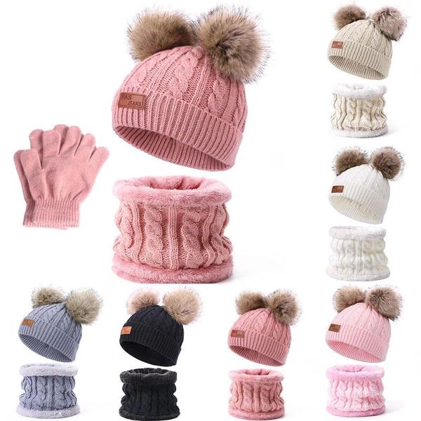 Bérets enfants chapeau d'hiver gants écharpe ensemble filles enfant en bas âge enfants chapeaux bonnet avec pompon tricot cache-cou guêtre mitaines doublé polaire
