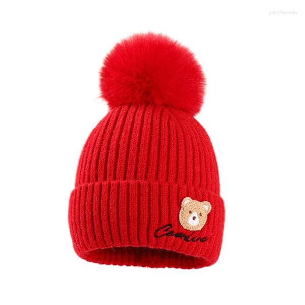 Bérets enfants hiver tricoté chaud laine chapeau mignon dessin animé ours broderie solide épaissir bonnets pour garçons filles 2-7 ans