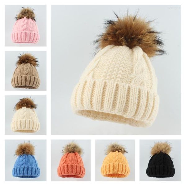 Boinas Niños Invierno Natural Mapache Piel Pompón Sombrero para bebés Niñas Niños Niños Cálido Twist Punto Beanie Cap Soild Bonnet Sombreros