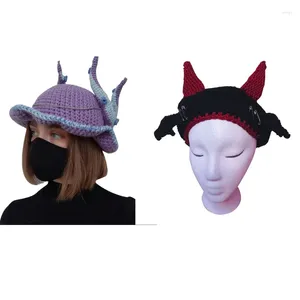 Berets Knit Devil Hat Little Skullies Party Horn Y2K Halloween grappig