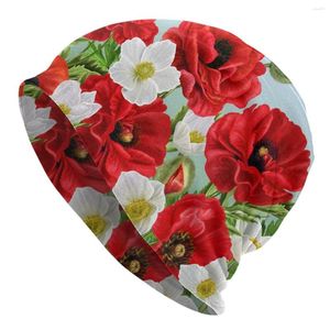 Boinas Gorro de punto Mujeres Hombres Primavera Invierno Elástico Borde floral Amapolas rojas Flores y anémonas blancas Gorros al por mayor