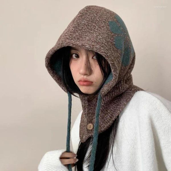 Bérets tricotés chapeau à rabat d'oreille pour femme fille hiver chaud cagoule écharpe femmes Crochet cou couverture adolescents doux à capuche casquette