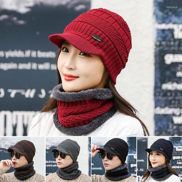 Boinas Gorro de punto y bufanda de lazo circular Conjunto Elástico Cálido Felpa Cuello Calentador Envoltura Invierno Esquí Patinaje Usar para Mujeres Hombres -MX8