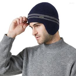 Bérets tricotés chapeau hiver polaire motif horizontal Protection de l'oreille hommes extérieur coupe-vent chaud laine Skullies bonnets